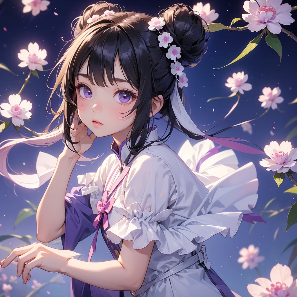 A chibi child girl had a small face and Wearing white little Taoist priest's outfit, A pair of big round eyes shone with curiosity about him, This child was so cute, her hair is black with two buns on her hair, Purple carnations surround.



