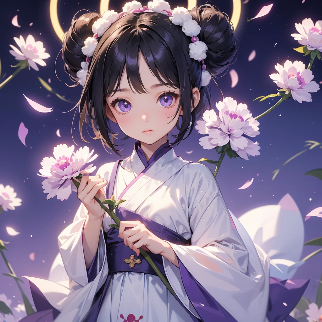 A chibi child girl had a small face and Wearing white little Taoist priest's outfit, A pair of big round eyes shone with curiosity about him, This child was so cute, her hair is black with two buns on her hair, Purple carnations surround.