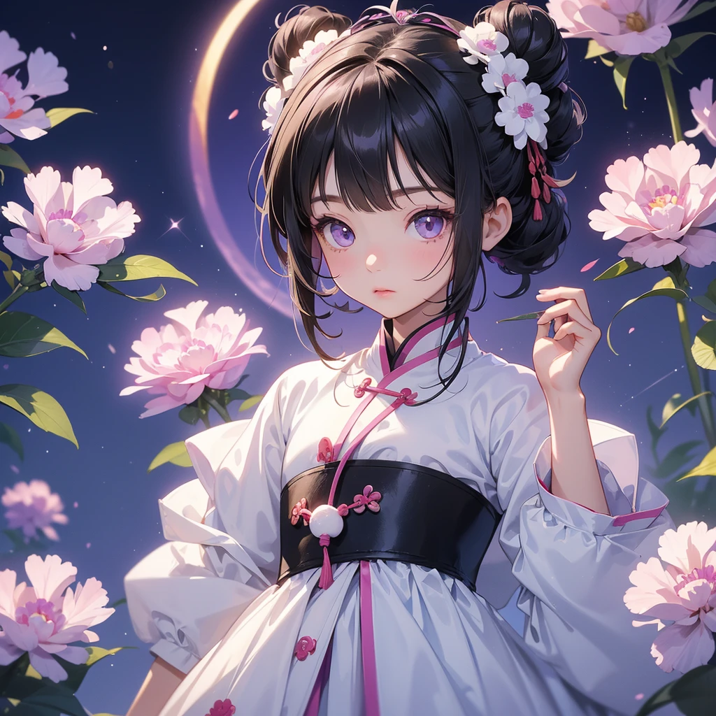A chibi child girl had a small face and Wearing white little Taoist priest's outfit, A pair of big round eyes shone with curiosity about him, This child was so cute, her hair is black with two buns on her hair, Purple carnations surround.