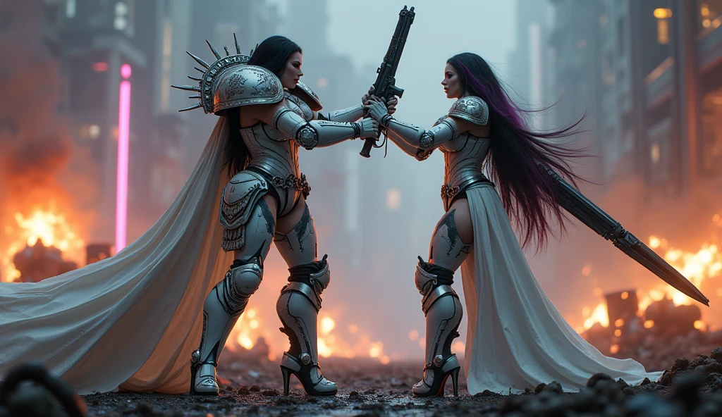 Full body pose sexy sisters of battle from the warhammer 40k, white armor with intricate details, religous symbols on the armor, sisters of battle, warhammer 40k, Massive silicone breast, pale skin, seductive, temptation, eat your soul, clevage, long flowing black hair with purple highlights, heavy gothic makeup, at night, neon, beautiful detailed eyes, beautiful detailed lips, extremely detailed eyes and face, long eyelashes, highly detailed armor, intricate futuristic weaponry, dramatic lighting, cinematic composition, muted color palette, gritty and realistic, mecha, science fiction, hyper-detailed, photorealistic, award winning digital art, 8k, HDR, masters work, in the middle of a battle field, full body combat action pose, explosions and fire around, full war, stunning, Stilleto heels, high heels, full body pose, cinematic, movie trailer, final stand!, nemesis, ready to strike, dust and debree, combat screams, attacking. shooting at the enemy, running forward, last line of defense, charging, fanatic, religious, templar knights, sisters of battle, warhammer 40k