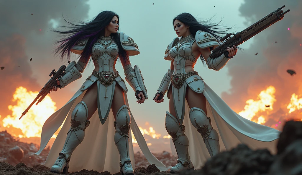Full body pose sexy sisters of battle from the warhammer 40k, white armor with intricate details, religous symbols on the armor, sisters of battle, warhammer 40k, Massive silicone breast, pale skin, seductive, temptation, eat your soul, clevage, long flowing black hair with purple highlights, heavy gothic makeup, at night, neon, beautiful detailed eyes, beautiful detailed lips, extremely detailed eyes and face, long eyelashes, highly detailed armor, intricate futuristic weaponry, dramatic lighting, cinematic composition, muted color palette, gritty and realistic, mecha, science fiction, hyper-detailed, photorealistic, award winning digital art, 8k, HDR, masters work, in the middle of a battle field, full body combat action pose, explosions and fire around, full war, stunning, Stilleto heels, high heels, full body pose, cinematic, movie trailer, final stand!, nemesis, ready to strike, dust and debree, combat screams, attacking. shooting at the enemy, running forward, last line of defense, charging, fanatic, religious, templar knights, sisters of battle, warhammer 40k