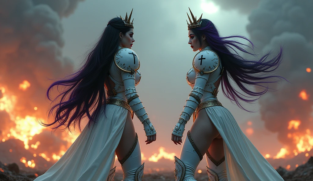 Full body pose sexy sisters of battle from the warhammer 40k, white armor with intricate details, religous symbols on the armor, sisters of battle, warhammer 40k, Massive silicone breast, pale skin, seductive, temptation, eat your soul, clevage, long flowing black hair with purple highlights, heavy gothic makeup, at night, neon, beautiful detailed eyes, beautiful detailed lips, extremely detailed eyes and face, long eyelashes, highly detailed armor, intricate futuristic weaponry, dramatic lighting, cinematic composition, muted color palette, gritty and realistic, mecha, science fiction, hyper-detailed, photorealistic, award winning digital art, 8k, HDR, masters work, in the middle of a battle field, full body combat action pose, explosions and fire around, full war, stunning, Stilleto heels, high heels, full body pose, cinematic, movie trailer, final stand!, nemesis, ready to strike, dust and debree, combat screams, attacking. shooting at the enemy, running forward, last line of defense, charging, fanatic, religious, templar knights, sisters of battle, warhammer 40k