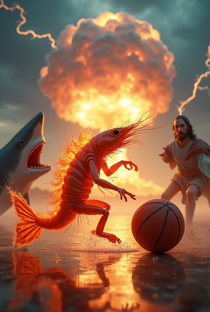 A shrimp scoring a basketball while it and the ball are on fire then a shark tries to stop it from scoring, Jesus Christ encourages the shrimp from the background while a nuclear bomb falls in the distance and lightning is falling from the sky 