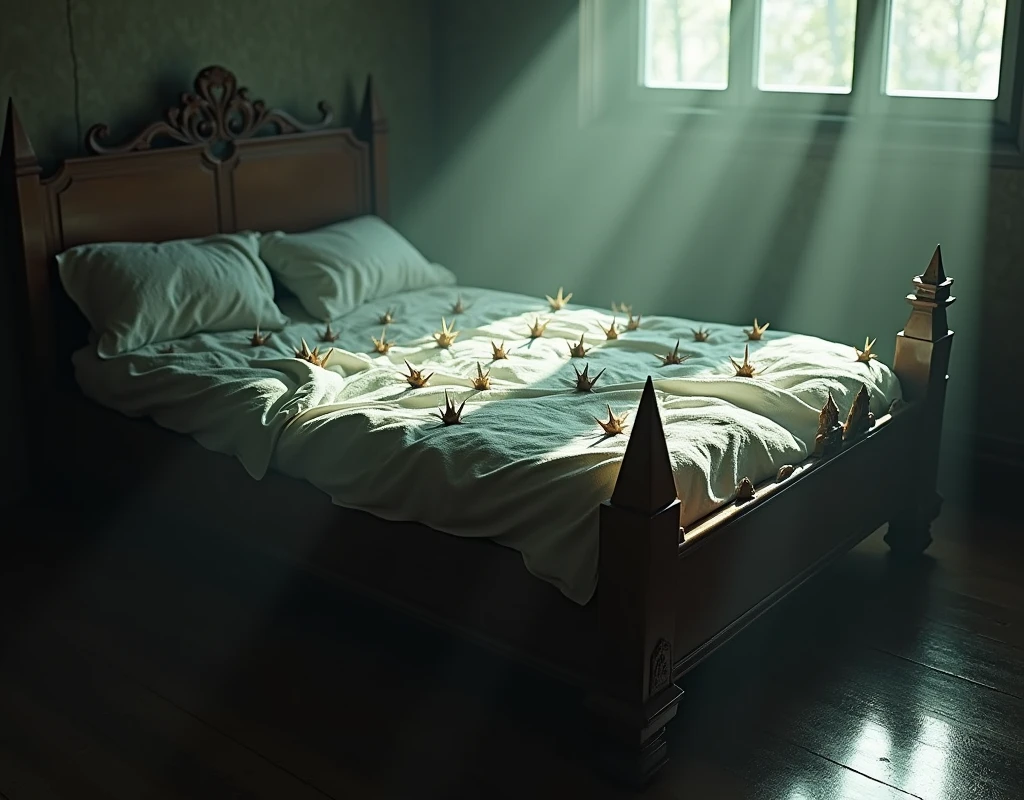 We need an image which is of a bed and that bed has sharp edges all around it and the bed also has sharp thorns on it Highlighted Sunlighsted