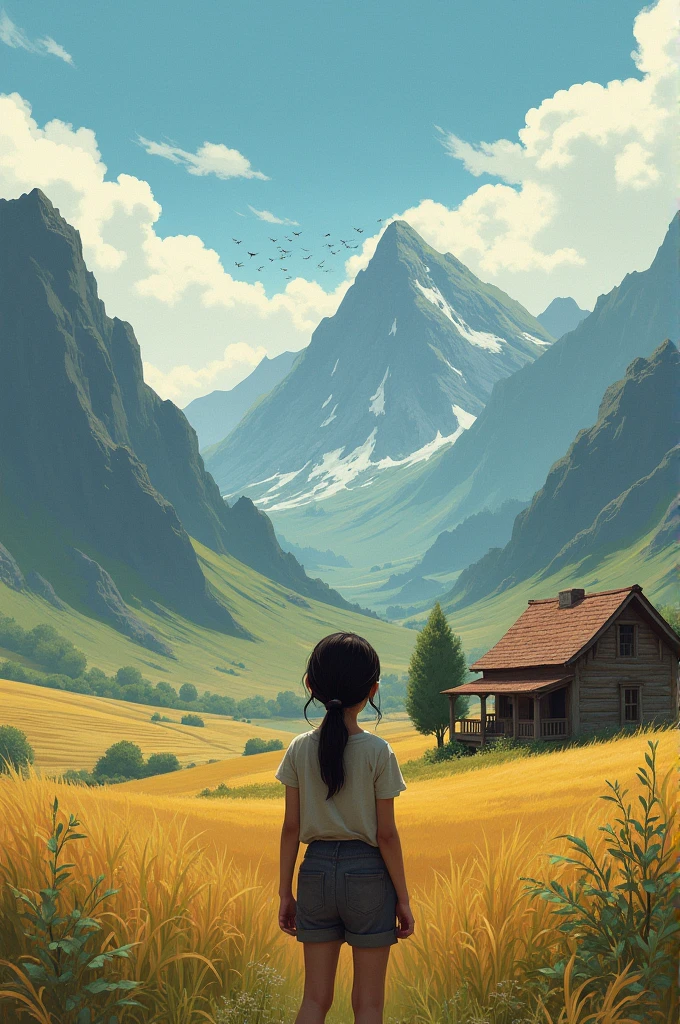 A girl standing outside a farm house at farmland looking ahead at mountains from where swarm of locusts are comming