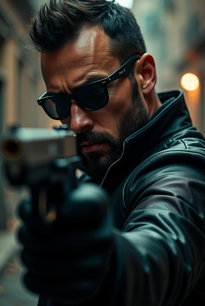 A man with sunglasses and wearing a black leather jacket holding a gun only half photo by side angle