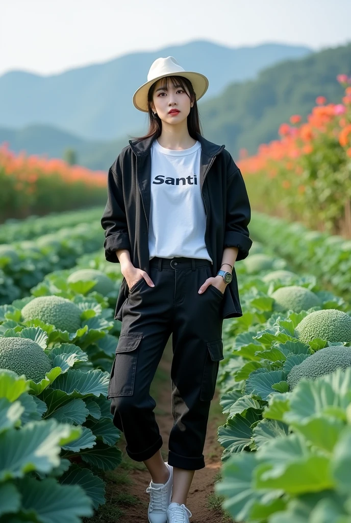 Beautiful Korean girl, smooth white skin, well-groomed face, tied black hair, white hat, posing in a very fertile and beautiful broccoli field, black jacket, white t-shirt with the Santi logo, cool watch, knee-length cargo pants, white shoes, mountain background and beautiful flowers, real photos, realistic