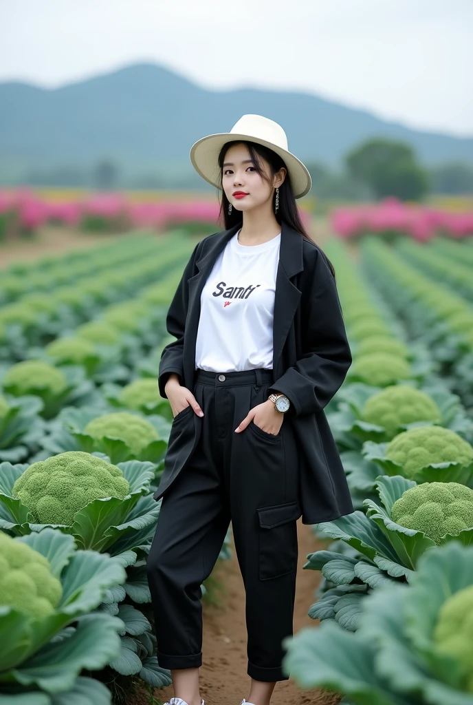 Beautiful Korean girl, smooth white skin, well-groomed face, tied black hair, white hat, posing in a very fertile and beautiful broccoli field, black jacket, white t-shirt with the Santi logo, cool watch, knee-length cargo pants, white shoes, mountain background and beautiful flowers, real photos, realistic