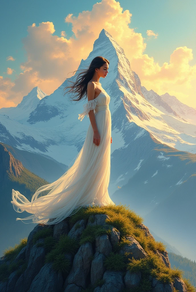 A beautiful picture on canvas. This picture will show a beautiful girl stand on a mountain