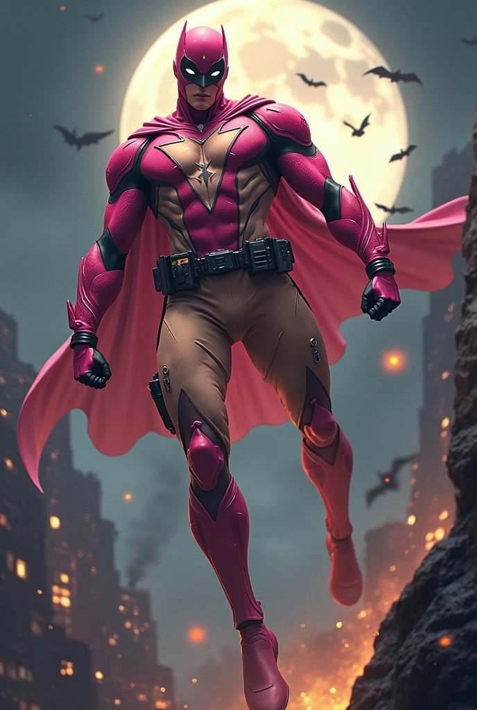 Malaysia man in high-tech suit, vivid effects, malaysian superhero (KELUANG MAN) in a striking pink and brown beige costume cyberpunk design((, mask small mini bat ear beige,)) daredevil beige mask, jumpsuit dark pink stands confidently in a dramatic.jumping from high place.hero costume.one hand rise up. (Big triangle logo on the chest.high detail Punisher logo on the chest)). Fighting pose , stormy landscape. ((Head covered node guard like batman. Running pose , athletic body type, small mini ear bat mask))The character wears domino mask a helmet with pointed mini torn ears and a flowing cape biege, open nose and mouth. Equipped with visible futuristic weapons on a belt,bullet proof jacket pink dark day.show fingers pose, dark night, big supermoon effect . Small logo on chest triangle shape small punisher logo center triangle cyber logo center on chest pink logo mini logo . rocky. Building top.smoke ground , bomb effect background, losse pants, losses costume.adding to --ar 3:4 --style raw --stylize 500 --v 6.1. chaos. Lot of small flying bat. One leg on the high stone. Man. Backpack . Real man age 40 year old. One hand holding belt.one hand holding black rope hanging on building