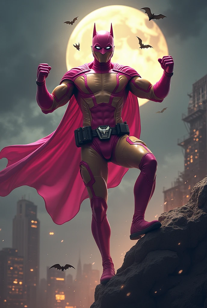 Malaysia man in high-tech suit, vivid effects, malaysian superhero (KELUANG MAN) in a striking pink and brown beige costume cyberpunk design((, mask small mini bat ear beige,)) daredevil beige mask, jumpsuit dark pink stands confidently in a dramatic.jumping from high place.hero costume.one hand rise up. (Big triangle logo on the chest.high detail Punisher logo on the chest)). Fighting pose , stormy landscape. ((Head covered node guard like batman. Running pose , athletic body type, small mini ear bat mask))The character wears domino mask a helmet with pointed mini torn ears and a flowing cape biege, open nose and mouth. Equipped with visible futuristic weapons on a belt,bullet proof jacket pink dark day.show fingers pose, dark night, big supermoon effect . Small logo on chest triangle shape small punisher logo center triangle cyber logo center on chest pink logo mini logo . rocky. Building top.smoke ground , bomb effect background, losse pants, losses costume.adding to --ar 3:4 --style raw --stylize 500 --v 6.1. chaos. Lot of small flying bat. One leg on the high stone. Man. Backpack . Real man age 40 year old. One hand holding belt.one hand holding black rope hanging on building