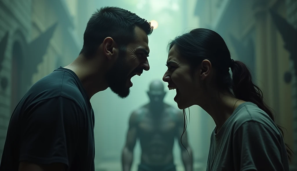 an angry person talking to another sad person, scenery in the background demons looking, the demons are somewhat blurred, realistic image, high quality