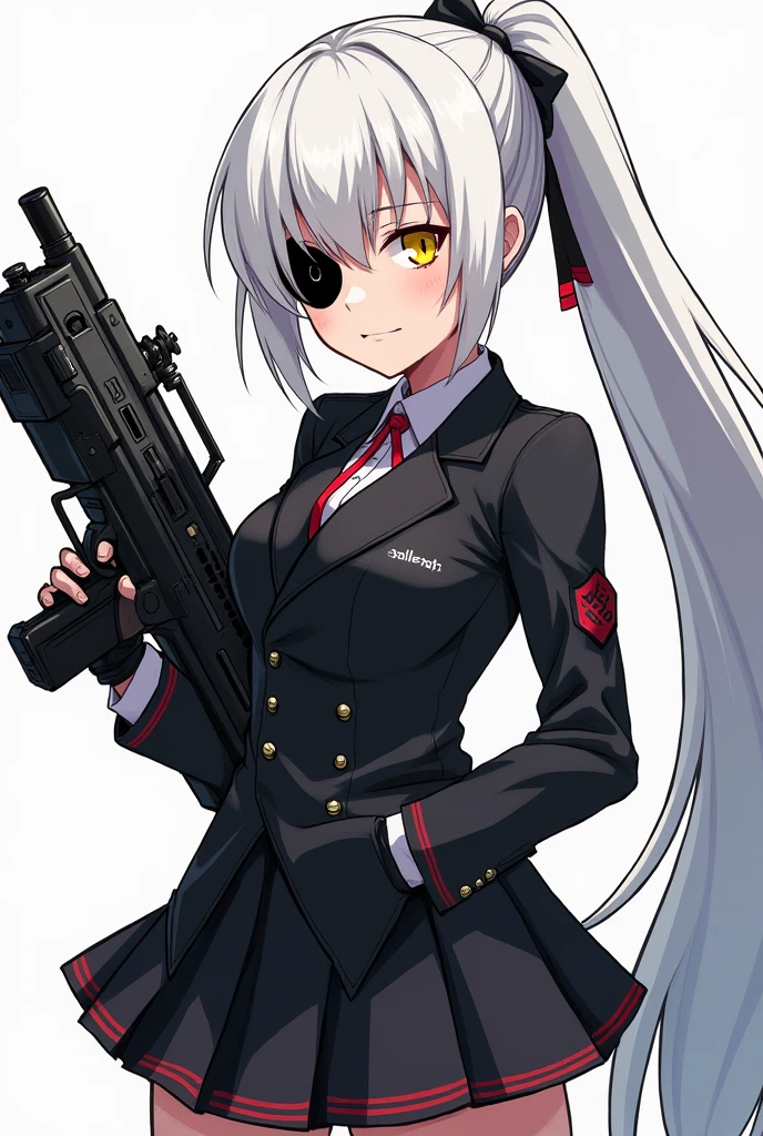 Medium height White ponytail anime girl Determine yellow eye color with black eye patch wearing black school uniform while holding a futuristic MG. Manga art style