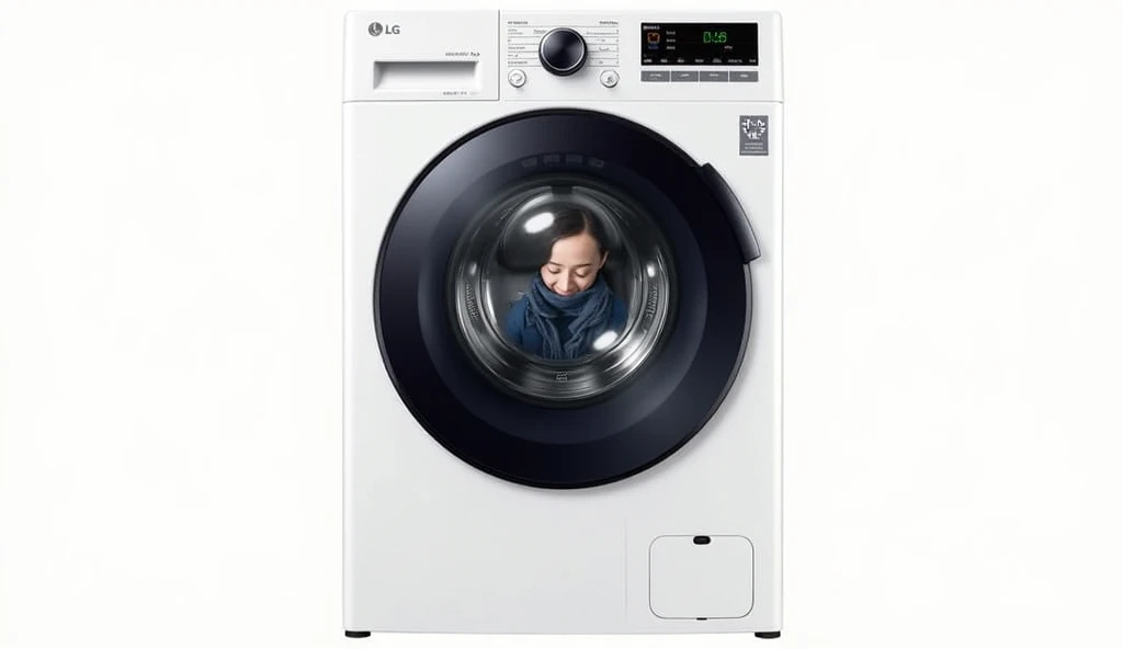 a woman used the LG 12kg Smart VC4 CV5012WC4 washer and dryer with. text "Lava e Seca LG 12kg Smart VC4 CV5012WC4”