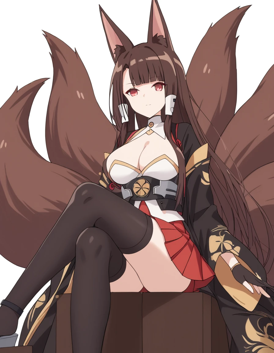 Azur Lane Slow Ahead Style, score_9, score_8_up, score_7_up, source_anime, rating_safe, BREAK akaginor, 1girl, akagi \(azur lane\), fox girl, red eyes, brown hair, long hair, blunt bangs, sidelocks, fox ears, fox tail, multiple tails, large breasts, hair tubes, black kimono, open kimono, cleavage cutout, wide sleeves, long sleeves, black gloves, sash, sakuramon, armor, hakama short skirt, red skirt, pleated skirt, black thighhighs, sitting, sitting on a chair, legs crossed