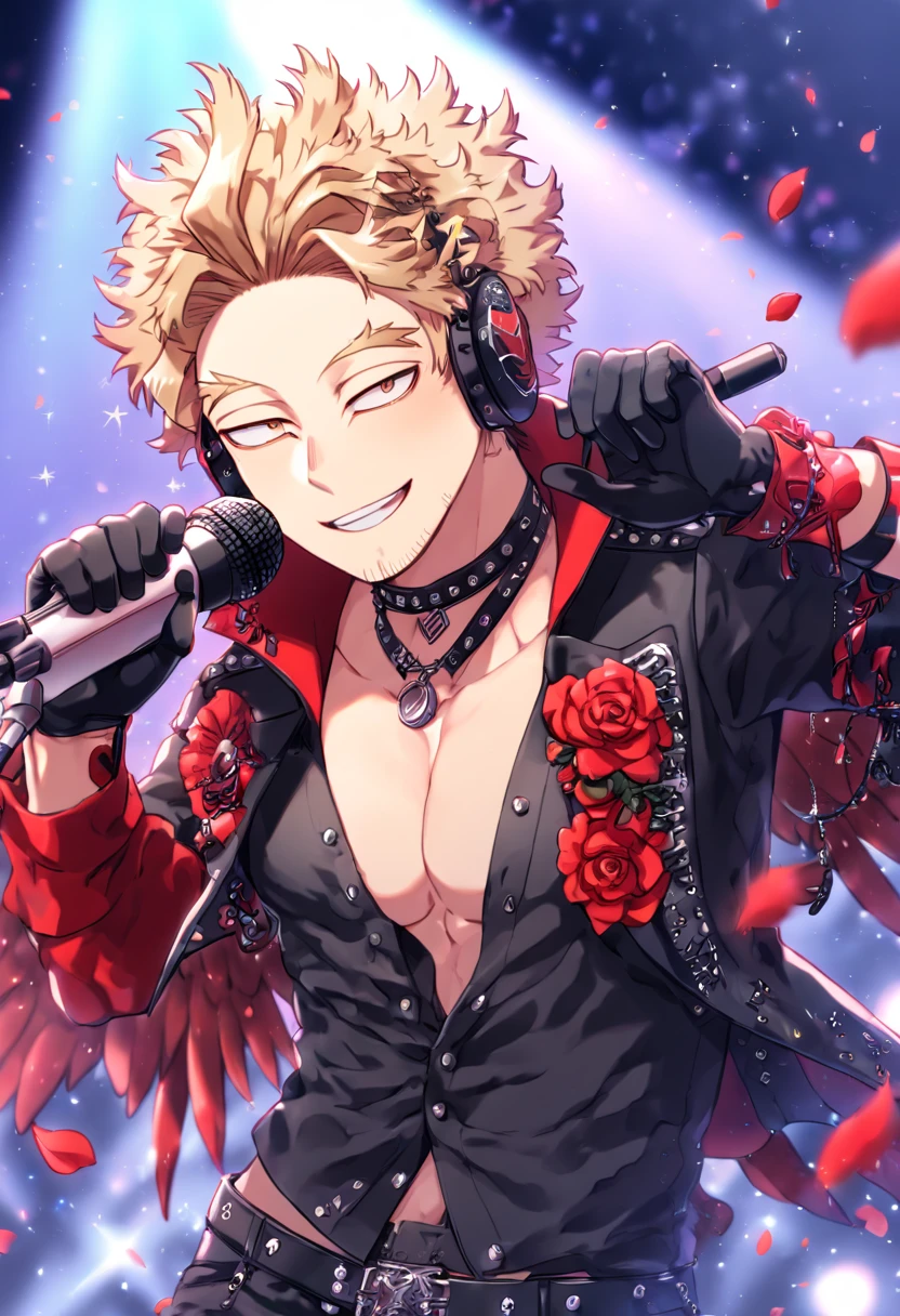 Ultra detailed, Highres, absurdres, HDR, master piece, Hawks, ash blonde hair, brown-golden eyes, faint stubble, red wings, Boku No Hero Academia, sexy man holding a microphone, solo, rocker, black rocker clothes with trimmings,  red petals, glittering, black gloves, red flowers, sensual, fantasy, idol stage, concert, manly man, horny, erotic, close up, handsome smile, visual kei