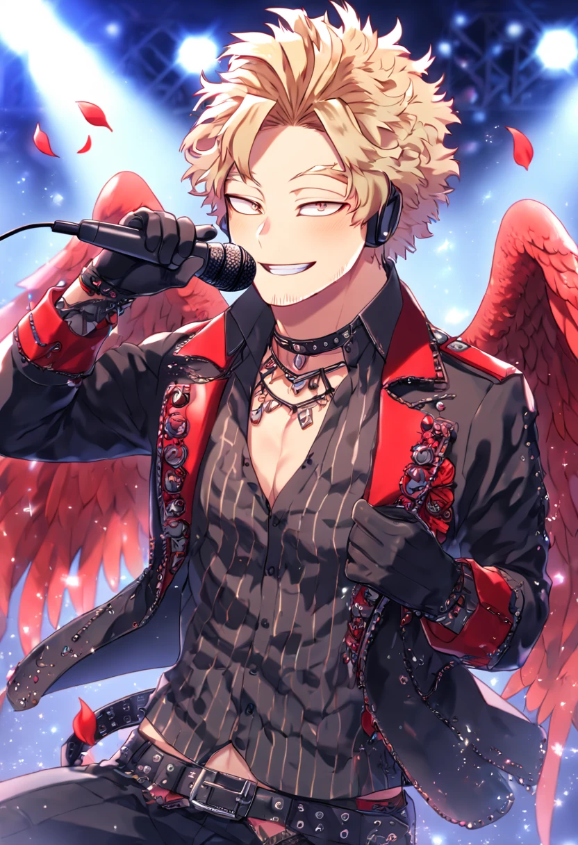 Ultra detailed, Highres, absurdres, HDR, master piece, Hawks, ash blonde hair, brown-golden eyes, faint stubble, red wings, Boku No Hero Academia, sexy man holding a microphone, solo, rocker, black rocker clothes with trimmings, red petals, glittering, black gloves, red flowers, sensual, fantasy, idol stage, concert, manly man, horny, erotic, close up, handsome smile, visual kei