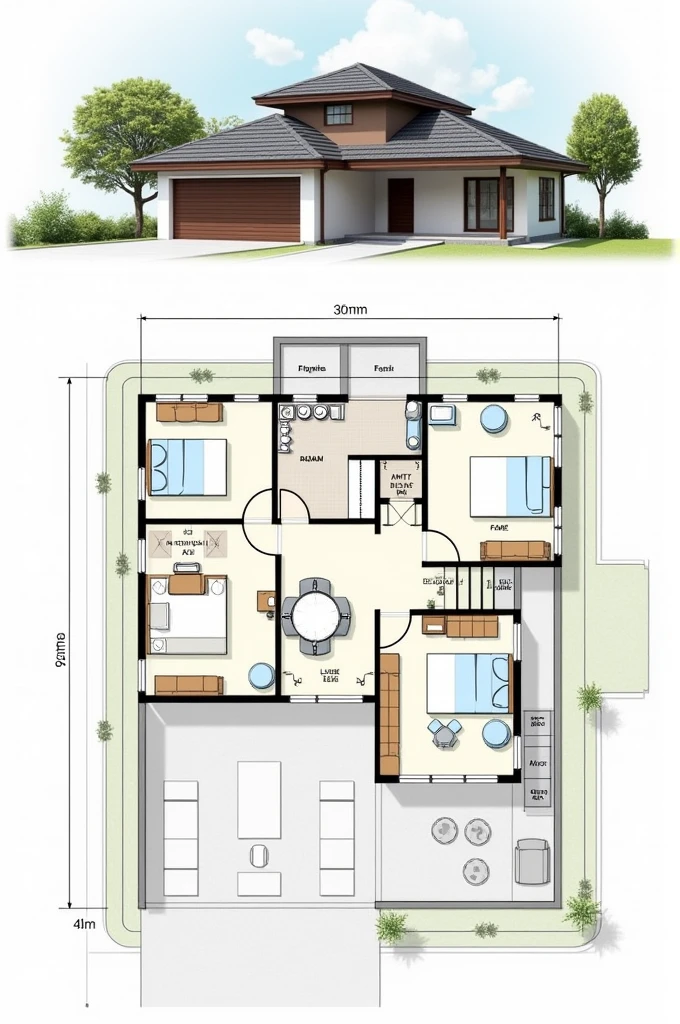 draw a plan for a 2-storey house with a width of 11 meters and a length of 17 meters, The front side is used for a wide car garage to the side for 2 cars, The living room is used as a family room, has 3 bedrooms, 2 bathrooms, 2 stairs, warehouse and 2nd floor only for family gathering