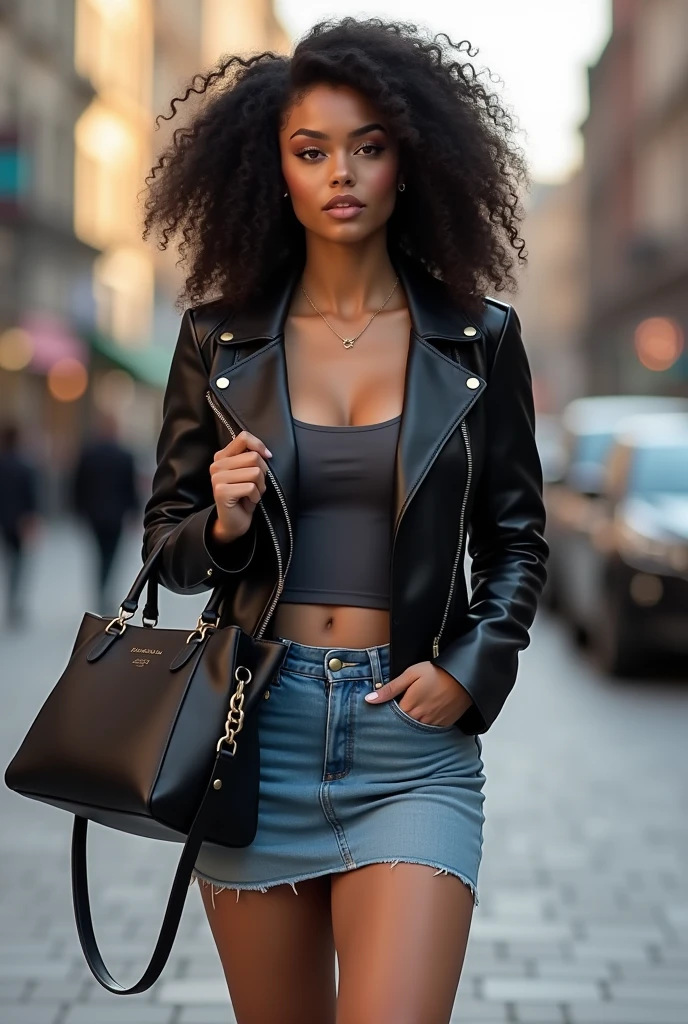 Woman curly hair tied leather jacket mini shorts jeans large handbag, elle a pris du poids