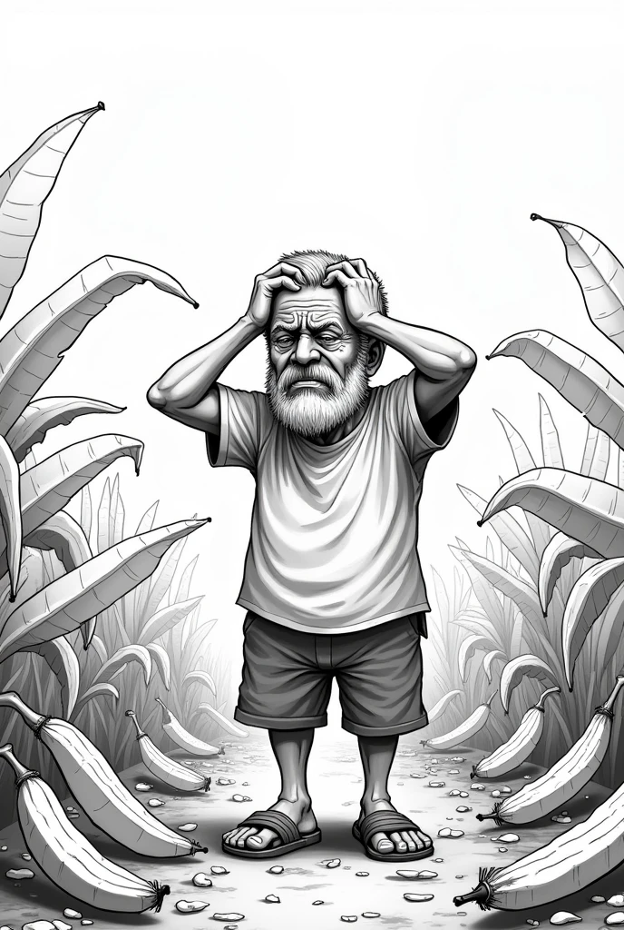 Create an easy to draw black and white drawing, of a slightly older man with a beard and a hat looking worried, frightened and sad at the same time , put your hands on his head , and put it on a banana plantation that is fallen to the ground and destroyed, Put the said man with his hands on his head and staring at the bananas on the floor , Make the bananas small but well watered