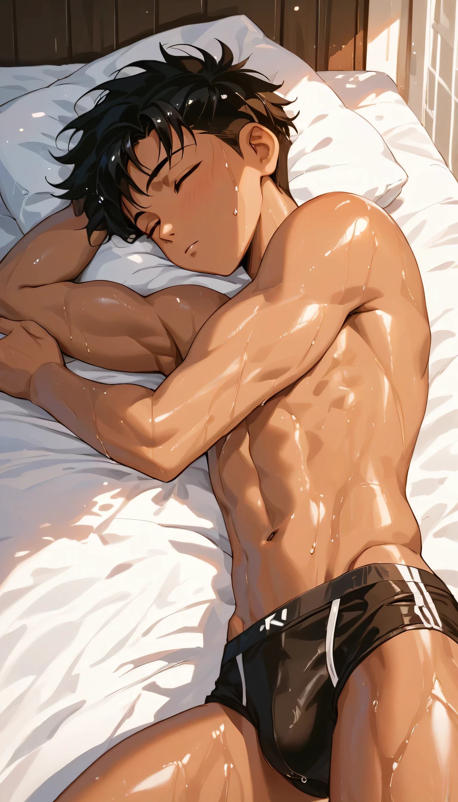 high quality, (two japanese boy sleeping), (black short hair), (dark wet skin), black briefs, summer noon,