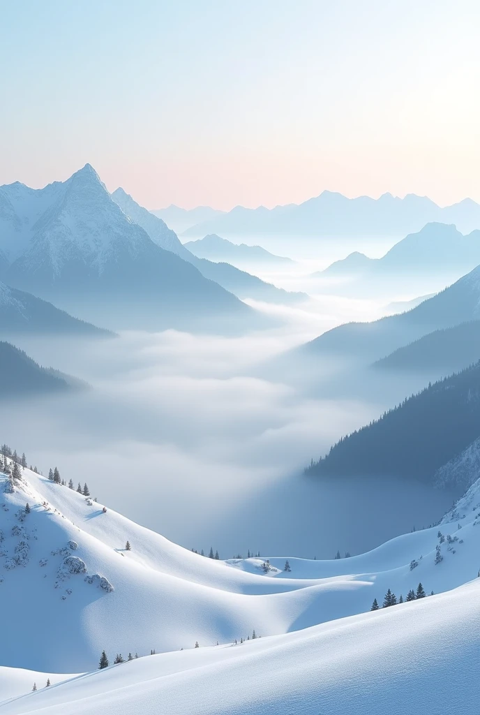 Snowy mountain scenery in blue tones at sunrise,With sunrise as background. The distant mountains are covered with fog and low clouds. Misty mountains., Mountains like ink paintings, Kiriya, Foggy morning landscape, sea of clouds, Morning Light,
Peaceful and dreamy atmosphere, Vision,ultra depth of field,super wide angle,The complexity of microfocal length lenses、High detail shooting, exquisite art, Realistic and ultra-detailed digital art style