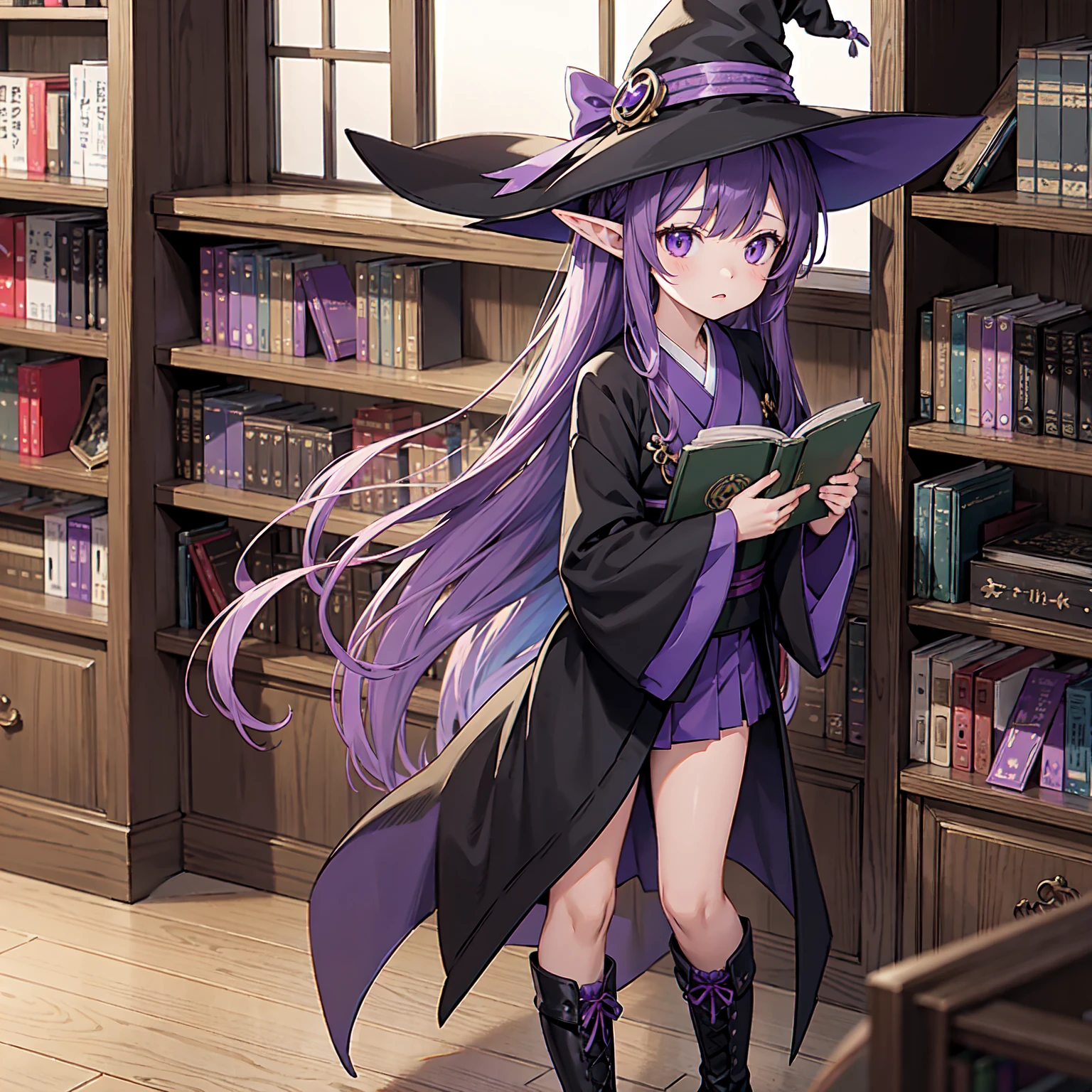 A girl taking a book from a bookshelf. She's fishing for bookshelves. Which book shall I choose? Purple hair. A girl with long purple hair. Pointy elf ears. Her clothes are simple: a black robe with wide sleeves and a black miniskirt. Her knees stick out. There is a V-shaped white insert in the front, like a kimono. A witch's hat with purple ribbons on both sides. Black boots. Standing. BACKGROUND: Outside window, night, library, no other people. Unoccupied library. Lots of lined bookshelves. Vivid. Nostalgic.
