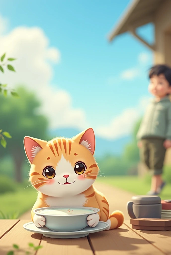 A cat drinking milk under the blue sky and a person standing behind it watching it with a smile