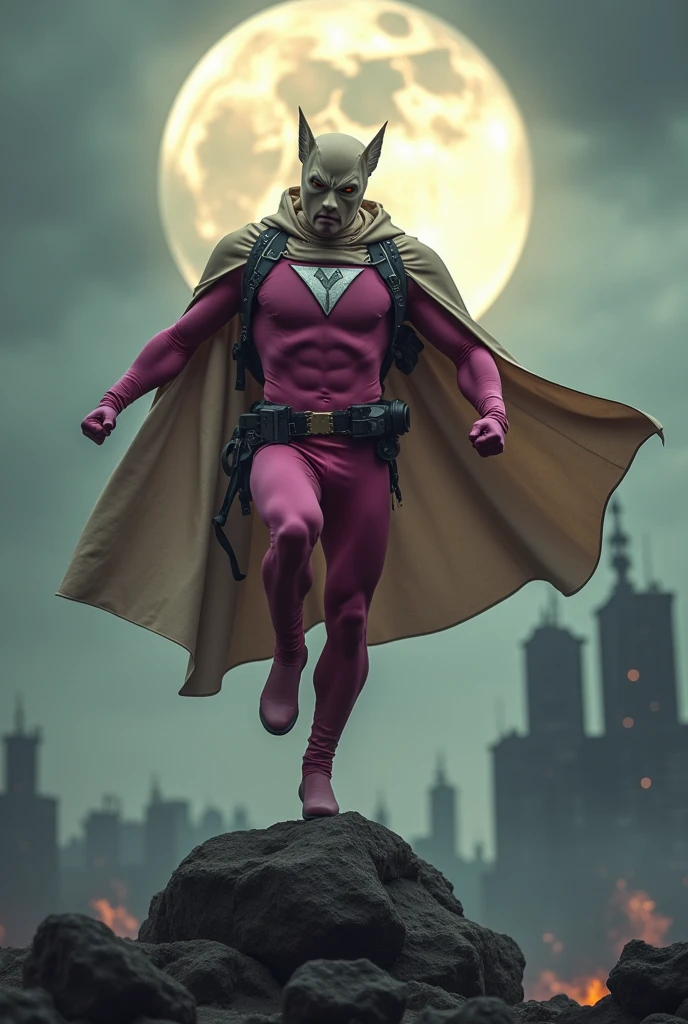 Malaysia man in high-tech suit, vivid effects, malaysian superhero (KELUANG MAN) in a striking pink and brown beige costume cyberpunk design((, mask small mini bat ear beige,)) daredevil beige mask, jumpsuit dark pink stands confidently in a dramatic.jumping from high place.hero costume.one hand rise up. (Big triangle logo on the chest.high detail Punisher logo on the chest)). Fighting pose , stormy landscape. ((Head covered node guard like batman. Running pose , athletic body type, small mini ear bat mask))The character wears domino mask a helmet with pointed mini torn ears and a flowing cape biege, open nose and mouth. Equipped with visible futuristic weapons on a belt,bullet proof jacket pink dark day.show fingers pose, dark night, big supermoon effect . Small logo on chest triangle shape small punisher logo center triangle cyber logo center on chest pink logo mini logo . rocky. Building top.smoke ground , bomb effect background,(( losse pants)), losses costume.adding to --ar 3:4 --style raw --stylize 500 --v 6.1. chaos. Lot of small flying bat. One leg on the high stone. Man. Backpack . Real man age 40 year old. One hand holding belt.one hand holding black rope hanging on building