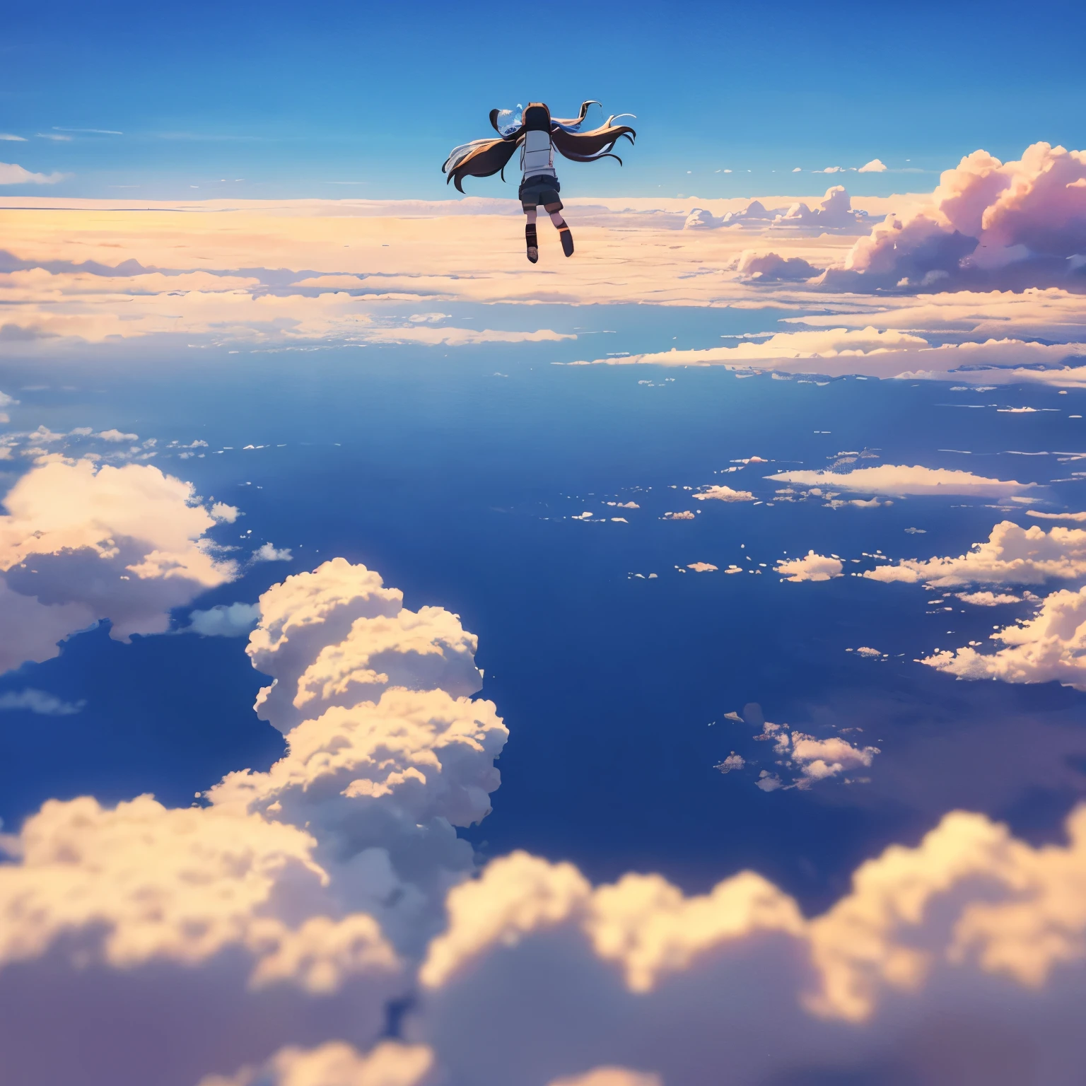 Weathering With You、後ろ姿、Xin Haicheng、Twin tails、No sleeve、Hooded、Floating in the sky、Shorts、Loose socks、blue sky、cloud、Stereo、3d、Blue Sky、high resolution、Ultra-high resolution、Ultra high color、Panorama、Wide angle、Wide、horizontal line、curve、Stereoなcloud、