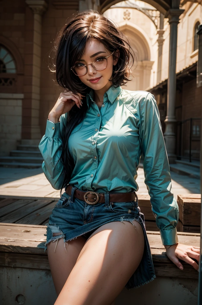 masterpiece, mejor caliDaD, 1 girl, Alone, 2, ADulto, cabello verDe azulaDo y verDe, Pelo DespeinaDo, asymmetrical hair, very short hair, aquamarine eyes, pechos meDianos, tonificaDo, 167cm, Piel páliDa, Glasses, smile, camisa verDe oliva, Cowboys, vistazo al abDomen, batch.D
