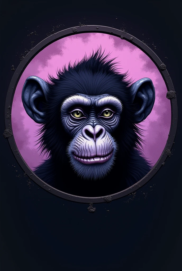 Circle with a monkey's face inside black and purple