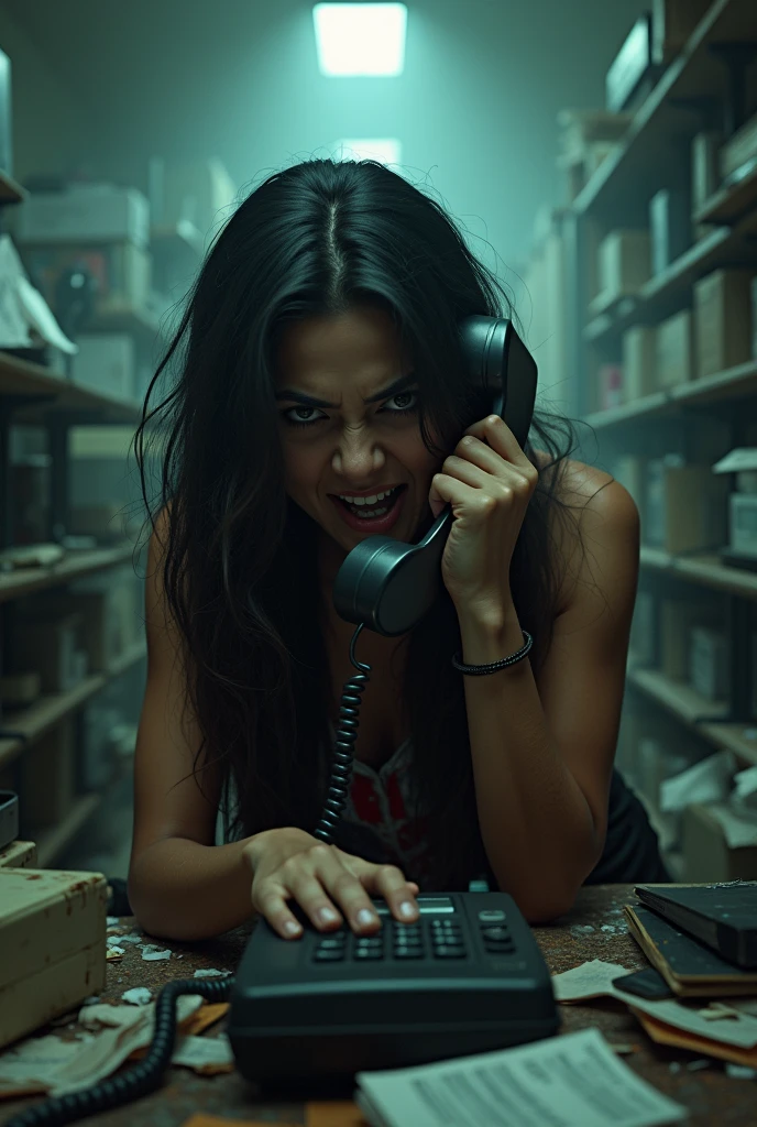 A sexy Indian woman looking horrified talking on a phone in an dirty cluttered office in India 