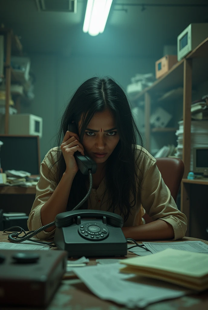 A sexy Indian woman looking horrified talking on a phone in an dirty cluttered office in India 