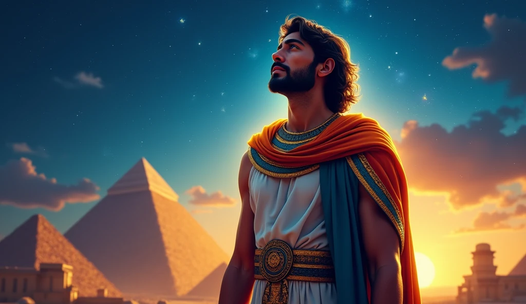A vibrant and dramatic thumbnail showcasing the character of Joseph in ancient Egyptian attire, looking up with a thoughtful expression. He holds a colorful dream coat in one hand, and the background features pyramids and a starry night sky. The color palette should include deep blues and golds to evoke a mystical feel. Add elements of stars and a glowing aura around Joseph to emphasize his dreams and destiny.