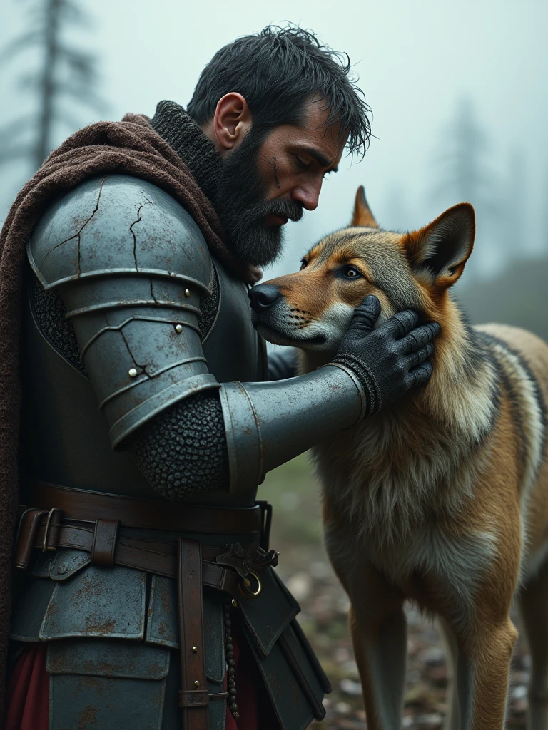 Fait une illustration Hyper-maximalisme, portrait brut, un chevalier médiéval marqué par la bataille, avec une armure éraflée et brisée, se penchant, caressant un loup mouillé et décharné, sur un champ de bataille après une guerre massive, éclairage cinématographique, textures ultra-détaillées, vray, avec des couleurs sombres.