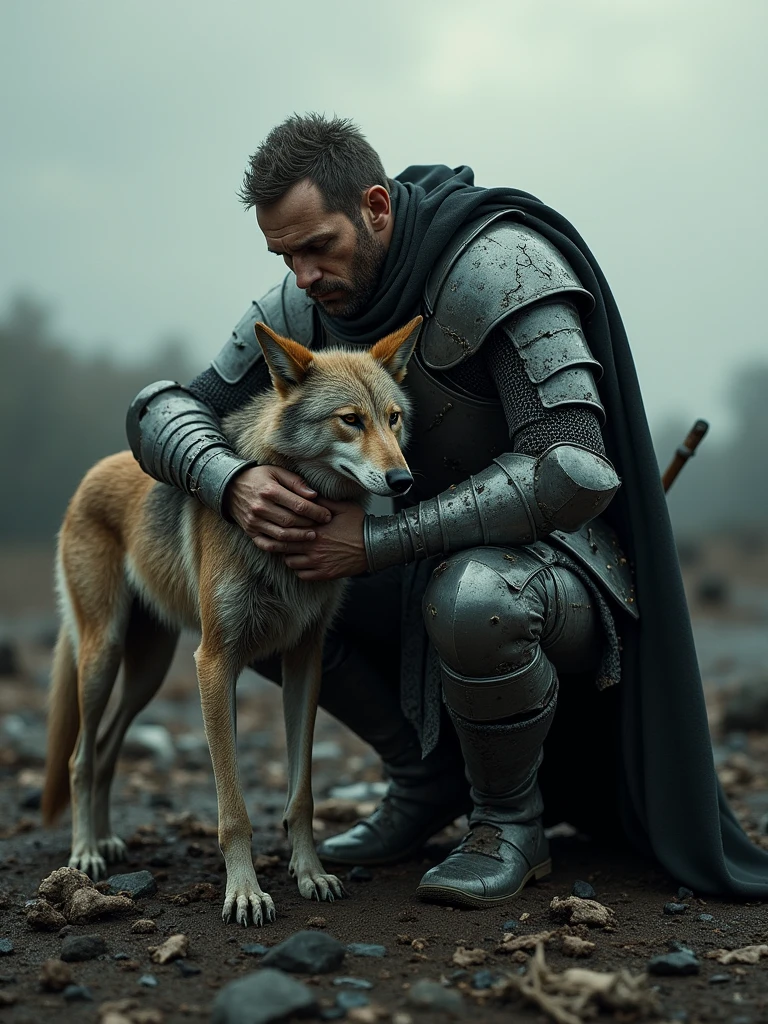 Fait une illustration Hyper-maximalisme, portrait brut, un chevalier médiéval marqué par la bataille, avec une armure éraflée et brisée, se penchant, caressant un loup mouillé et décharné, sur un champ de bataille après une guerre massive, éclairage cinématographique, textures ultra-détaillées, vray, avec des couleurs sombres.