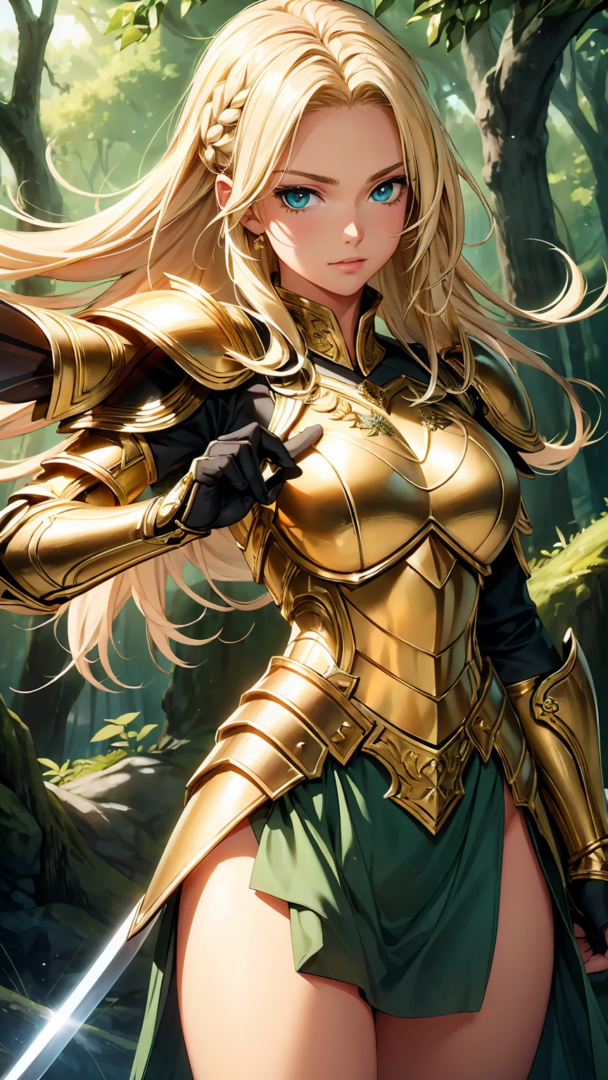 "(Highest quality,High resolution,masterpiece:1.2),A blonde girl wielding a large sword,Detailed face,There was a hint of determination in her eyes.,flowing golden hair,Exquisite armor and weapons,Beautifully crafted sword,Shimmering metallic details,Soft sunlight illuminates her,Rich color palette,Brave pose,A lush green background,High resolution,Sharp focus"