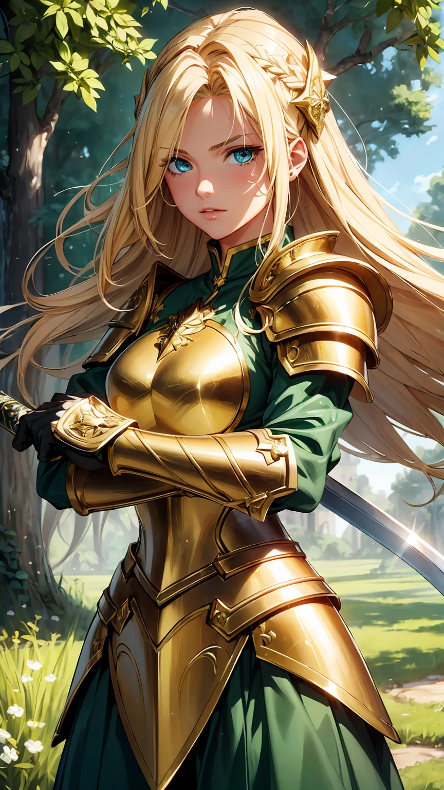 "(Highest quality,High resolution,masterpiece:1.2),A blonde girl wielding a large sword,Detailed face,There was a hint of determination in her eyes.,flowing golden hair,Exquisite armor and weapons,Beautifully crafted sword,Shimmering metallic details,Soft sunlight illuminates her,Rich color palette,Brave pose,A lush green background,High resolution,Sharp focus"