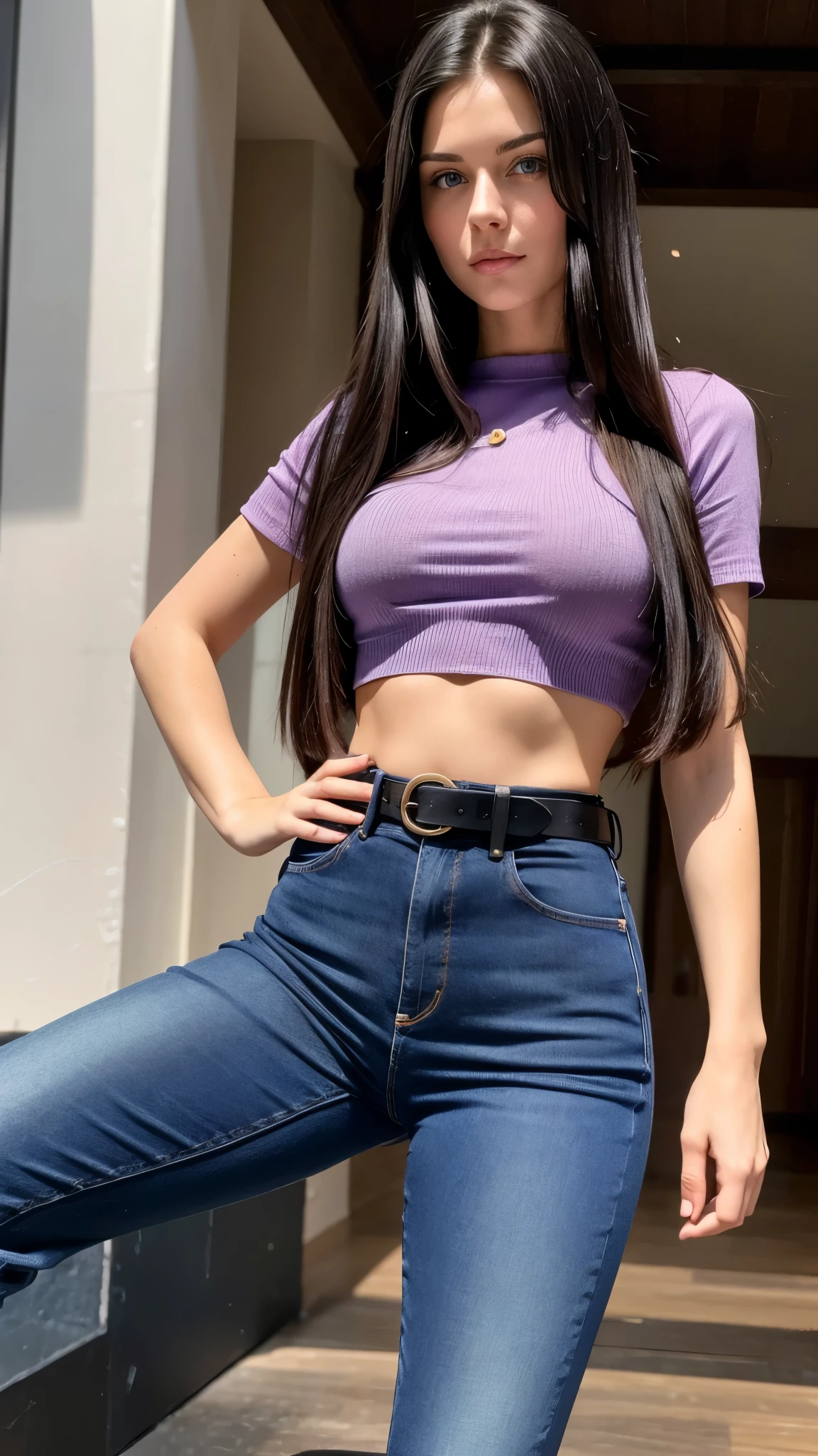 Beautiful 1 brunette girl with long straight black hair and blue eyes wearing high-waisted jeans with a belt and a short purple blouse showing her belly button with thick legs