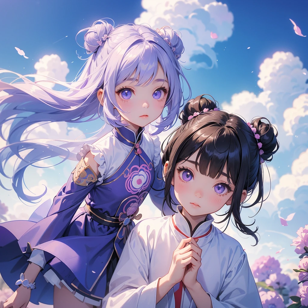 A chibi child girl had a small face and Wearing white little Taoist priest's outfit, A pair of big round eyes shone with curiosity about him, This child was so cute, her hair is black with two buns on her hair, Purple carnations surround, low clouds behind, blue sky.