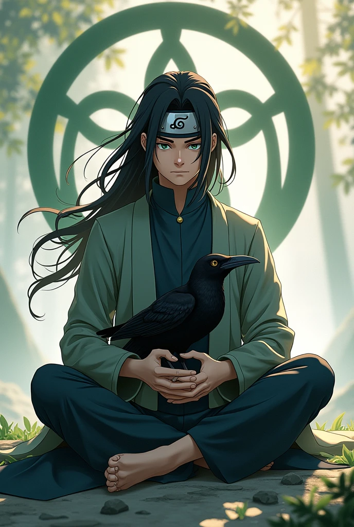 1boy, male_focus, crow, bird, forehead_protector, feathers, black_hair, konohagakure_symbol, sitting, black_feathers, ninja, solo, long_sleeves, smile, fantasy, looking_at_viewer, animal, crossed_legs, holding, closed_mouth, magic, headband_itachi uciha
