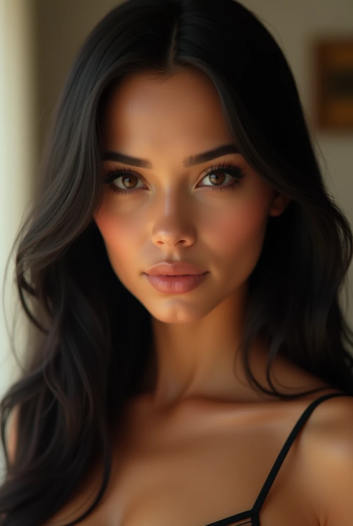 Portrait of a beautiful young Latina woman with straight black hair and confident brown eyes