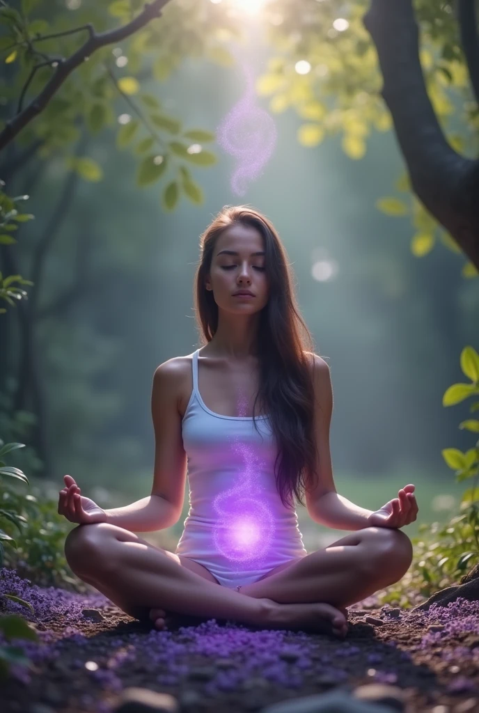 A person meditating in a serene environment with lavender essential oil, showing its use in meditation and that the mark 'vital essence' appears purple