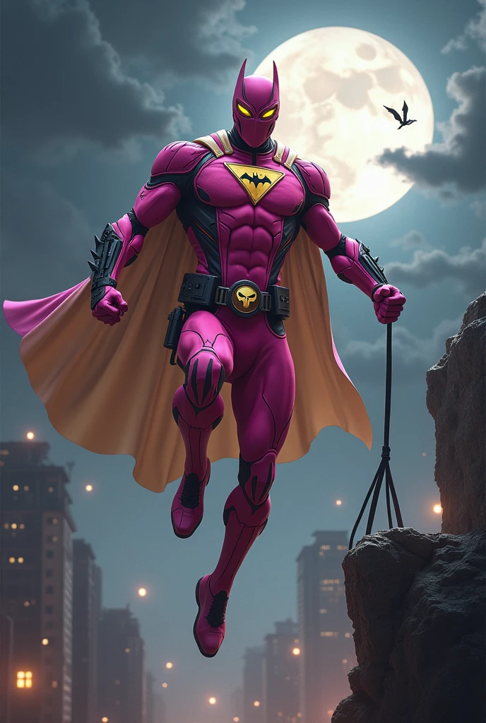 Malaysia man in high-tech suit, vivid effects, malaysian superhero (KELUANG MAN) in a striking pink and brown beige costume cyberpunk design((, mask small mini bat ear beige,)) daredevil beige mask, jumpsuit dark pink stands confidently in a dramatic.jumping from high place.hero costume.one hand rise up. (Big triangle logo on the chest.high detail Punisher logo on the chest)). Fighting pose , stormy landscape. ((Head covered node guard like batman. Running pose , athletic body type, small mini ear bat mask))The character wears domino mask a helmet with pointed mini torn ears and a flowing cape biege, open nose and mouth. Equipped with visible futuristic weapons on a belt,bullet proof jacket pink dark day.show fingers pose, dark night, big supermoon effect . Small logo on chest triangle shape small punisher logo center triangle cyber logo center on chest pink logo mini logo . rocky. Building top.smoke ground , bomb effect background, losse pants, losses costume.adding to --ar 3:4 --style raw --stylize 500 --v 6.1. chaos. Lot of small flying bat. One leg on the high stone. Man. Backpack . Real man age 40 year old. One hand holding belt.one hand holding black rope hanging on building