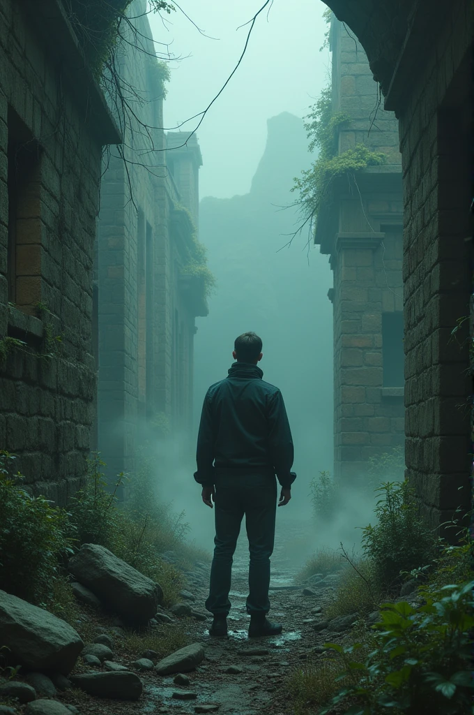 The man hears an eerie and mournful melody emanating from the ground. The haunting tune grows louder and seems to guide them towards a hidden corner of the ruins