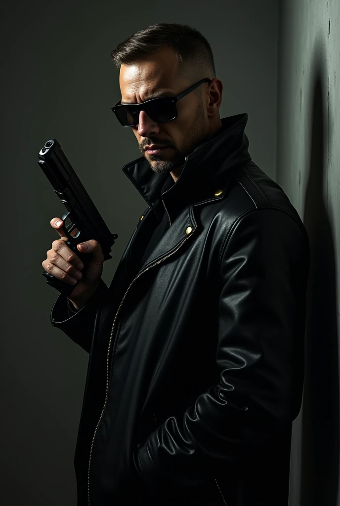 A man with sunglasses and wearing a black leather jacket holding a gun   only half photo  by side angle from left 