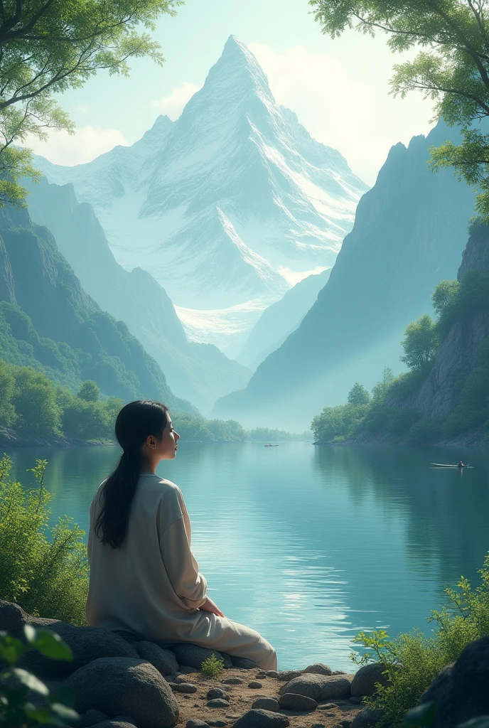 Make a image of a person who see the mountains and sitting on the river side