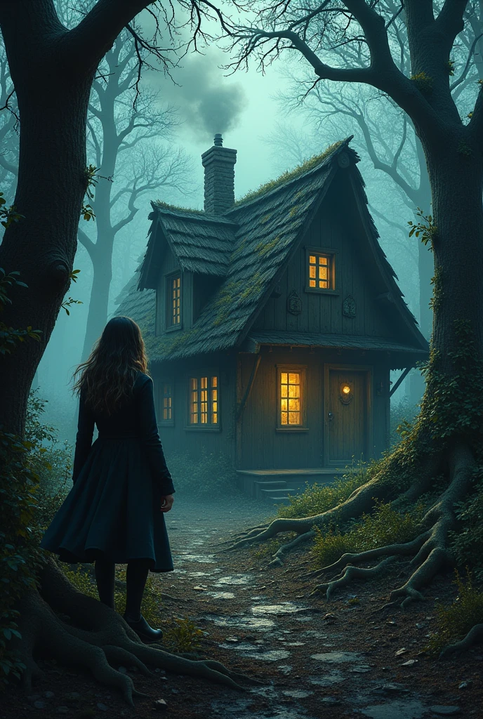 Female investigator finds witch&#39;s cottage in the forest 

