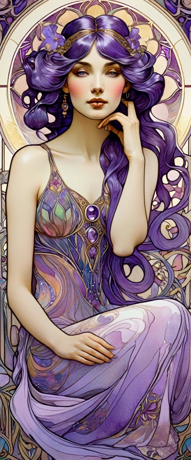 Art Nouveau portrait, surrounded by intricate patterns, in ink and watercolour, beautiful woman, chameleon goddess, amethyst personified, sensual pose, calm pensive gaze. The goddess's dress echoes the colour of purple irises, inspired by Alphonse Mucha.beautiful girl, goddess of topaz, sitting in a pensive pose, dreamy look, looking directly at the viewer, hair illuminated by the rays of the evening sun, in the style of Alphonse Mucha